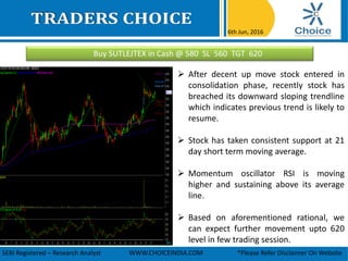 Buy SUTLEJTEX in Cash @ 580 SL 560 TGT 620
6th Jun, 2016
SEBI Registered – Research Analyst WWW.CHOICEINDIA.COM *Please Refer Disclaimer On Website
 After decent up move stock entered in
consolidation phase, recently stock has
breached its downward sloping trendline
which indicates previous trend is likely to
resume.
 Stock has taken consistent support at 21
day short term moving average.
 Momentum oscillator RSI is moving
higher and sustaining above its average
line.
 Based on aforementioned rational, we
can expect further movement upto 620
level in few trading session.
 