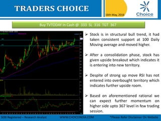 Buy TVTODAY in Cash @ 333 SL 316 TGT 367
16th May, 2016
SEBI Registered – Research Analyst WWW.CHOICEINDIA.COM *Please Refer Disclaimer On Website
 Stock is in structural bull trend, it had
taken consistent support at 100 Daily
Moving average and moved higher.
 After a consolidation phase, stock has
given upside breakout which indicates it
is entering into new territory.
 Despite of strong up move RSI has not
entered into overbought territory which
indicates further upside room.
 Based on aforementioned rational we
can expect further momentum on
higher side upto 367 level in few trading
session.
 