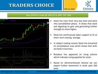 Buy UFLEX in Cash @ 246.55 SL 240 TGT 260
20th Jul, 2016
SEBI Registered – Research Analyst WWW.CHOICEINDIA.COM *Please Refer Disclaimer On Website
 Stock has risen from very low level and went
into consolidation phase. It shows that stock
was digesting its gain and generating further
strength to move higher.
 Stock has continuously taken support at 21 at
short term moving average.
 In today’s trading session Stock has breached
its consolidation area which shows that bulls
are back in business.
 Breakout has appeared on rising volume
which indicates rising appetite for stock .
 Based on aforementioned rational we can
expect further movement in stock upto 260
level.
 