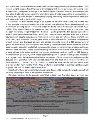and subtle relationships between markets and the trading participants that create them.” This
type of insight enables RiskWindows to give traders first-mover advantage in zeroing in on
attack-points (see figures 1 through 7 for an illustration) -- special Risk-On, Risk-Off switches,
that allow traders to sense upcoming short-term price trends, expansions or contractions in
volatility and liquidity, as well as anticipating buying and selling inflection points of all shapes
and sizes, with just-in-time action cues.
    To account for how traders weigh in on events on different time-scales, we are the first
in the industry to create market momentum maps that chart out future perceptions of zero
momentum crossing points -- branded under the trade name, Momentum Perception Maps
(MPM). This process begins by overlaying zero momentum isobars on a price chart, one
for each marginally longer trader time horizon -- starting from the tick (single transaction)
level to multi-generation time-lines. Analogous to isobars on a weather map, which plot out
boundaries of equal pressure, zero momentum isobars are curve-linear lines, overlaid on a
price chart, that represent constant price levels of zero momentum. When the full spectrum
of such isobars are displayed at once, and across all assets covered, a 360 degree view of
global decision-maker pressure points are instantly rendered visible. How? By tracing out the
gaps between valuation levels that correspond to future zero momentum crossing points on
different time horizons. These forward-looking valuation zones define what different trader
groups will see in hindsight on their momentum oscillators, such as MACD or RSI. Because
the momentum jet stream, which these isobars telegraph, is versatile in shape and malleable
in structure, many interesting and pertinent properties of future momentum change can be
deduced and quantified with unparalleled resolution and lead-time. These properties are
illustrated in Fig. 1 (step 1) and Fig. 2 (step 2), where we walk you through the construction
of a risk window from start to finish. They are further exemplified in our free weekly analysis
of global markets on NakedSwanTrading.com.
    Specifically, these zero momentum isobars are designed to indicate how fast an asset will
be rising or falling in value – its speed or momentum.
    Moreover, contrary to the popular belief that a stock must first slow down, or even stop




                                                Figure 5
110   www.tradersworld.com May/June/July 2012
 