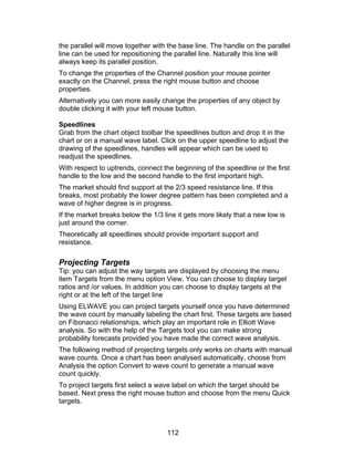 the parallel will move together with the base line. The handle on the parallel
line can be used for repositioning the parallel line. Naturally this line will
always keep its parallel position.
To change the properties of the Channel position your mouse pointer
exactly on the Channel, press the right mouse button and choose
properties.
Alternatively you can more easily change the properties of any object by
double clicking it with your left mouse button.

Speedlines
Grab from the chart object toolbar the speedlines button and drop it in the
chart or on a manual wave label. Click on the upper speedline to adjust the
drawing of the speedlines, handles will appear which can be used to
readjust the speedlines.
With respect to uptrends, connect the beginning of the speedline or the first
handle to the low and the second handle to the first important high.
The market should find support at the 2/3 speed resistance line. If this
breaks, most probably the lower degree pattern has been completed and a
wave of higher degree is in progress.
If the market breaks below the 1/3 line it gets more likely that a new low is
just around the corner.
Theoretically all speedlines should provide important support and
resistance.

Projecting Targets
Tip: you can adjust the way targets are displayed by choosing the menu
item Targets from the menu option View. You can choose to display target
ratios and /or values. In addition you can choose to display targets at the
right or at the left of the target line
Using ELWAVE you can project targets yourself once you have determined
the wave count by manually labeling the chart first. These targets are based
on Fibonacci relationships, which play an important role in Elliott Wave
analysis. So with the help of the Targets tool you can make strong
probability forecasts provided you have made the correct wave analysis.
The following method of projecting targets only works on charts with manual
wave counts. Once a chart has been analysed automatically, choose from
Analysis the option Convert to wave count to generate a manual wave
count quickly.
To project targets first select a wave label on which the target should be
based. Next press the right mouse button and choose from the menu Quick
targets.



                                    112
 