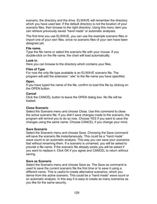 scenario, the directory and the drive. ELWAVE will remember the directory
which you have used last. If the default directory is not the location of your
scenario files, then browse to the right directory. Using this menu item you
can retrieve previously saved “hand made” or automatic analyses.
The first time you use ELWAVE, you can use the example scenario files or
import one of your own files, since no scenario files of your own have been
designed yet.
File name.
Type the file name or select the scenario file with your mouse. If you
double-click on the file name, the chart will load automatically.
Look in.
Here you can browse to the directory which contains your files.
Files of Type
For now the only file type available is an ELWAVE scenario file. The
program will add the extension “.elw” to the file name you have specified.
Open.
If you have typed the name of the file, confirm to load this file by clicking on
the OPEN button.
Cancel
Click the CANCEL button to leave the OPEN dialog box. No file will be
loaded.

Close Scenario
Select the Scenario menu and choose Close. Use this command to close
the active scenario file. If you didn’t save changes made to the scenario, the
program will remind you to do so now. Choose YES if you want to save the
changes using the same name. Choose CANCEL if you change your mind.

Save Scenario
Select the Scenario menu and choose Save. Choosing the Save command
will save the scenario file instantaneously. This could be a “hand made”
wave count or an automatic analysis. This way you can save your scenarios
fast without renaming them. If a scenario is unnamed, you will be asked to
provide a file name. If the scenario file already exists you will be asked if
you want to replace it. Click OK if you agree and CANCEL to return without
saving.

Save as Scenario
Select the Scenario menu and choose Save as. The Save as command is
used to save the current scenario file the first time or to save it using a
different name. This is useful to create alternative scenarios, which you
derive from the active scenario. This could be a “hand made” wave count or
an automatic analysis. In this way it is easy to create as many scenarios as
you like for the same security.


                                     129
 