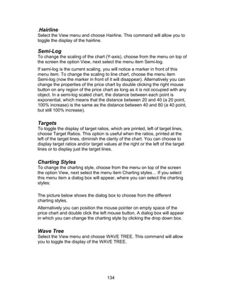 .Hairline
Select the View menu and choose Hairline. This command will allow you to
toggle the display of the hairline.

Semi-Log
To change the scaling of the chart (Y-axis), choose from the menu on top of
the screen the option View, next select the menu item Semi-log.
If semi-log is the current scaling, you will notice a marker in front of this
menu item. To change the scaling to line chart, choose the menu item
Semi-log (now the marker in front of it will disappear). Alternatively you can
change the properties of the price chart by double clicking the right mouse
button on any region of the price chart as long as it is not occupied with any
object. In a semi-log scaled chart, the distance between each point is
exponential, which means that the distance between 20 and 40 (a 20 point,
100% increase) is the same as the distance between 40 and 80 (a 40 point,
but still 100% increase).

Targets
To toggle the display of target ratios, which are printed, left of target lines,
choose Target Ratios. This option is useful when the ratios, printed at the
left of the target lines, diminish the clarity of the chart. You can choose to
display target ratios and/or target values at the right or the left of the target
lines or to display just the target lines.

Charting Styles
To change the charting style, choose from the menu on top of the screen
the option View, next select the menu item Charting styles… If you select
this menu item a dialog box will appear, where you can select the charting
styles:

The picture below shows the dialog box to choose from the different
charting styles.
Alternatively you can position the mouse pointer on empty space of the
price chart and double click the left mouse button. A dialog box will appear
in which you can change the charting style by clicking the drop down box.

Wave Tree
Select the View menu and choose WAVE TREE. This command will allow
you to toggle the display of the WAVE TREE.




                                      134
 