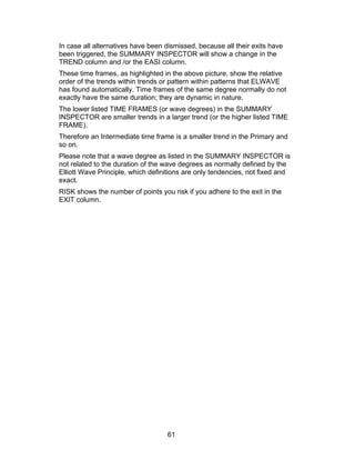 In case all alternatives have been dismissed, because all their exits have
been triggered, the SUMMARY INSPECTOR will show a change in the
TREND column and /or the EASI column.
These time frames, as highlighted in the above picture, show the relative
order of the trends within trends or pattern within patterns that ELWAVE
has found automatically. Time frames of the same degree normally do not
exactly have the same duration; they are dynamic in nature.
The lower listed TIME FRAMES (or wave degrees) in the SUMMARY
INSPECTOR are smaller trends in a larger trend (or the higher listed TIME
FRAME).
Therefore an Intermediate time frame is a smaller trend in the Primary and
so on.
Please note that a wave degree as listed in the SUMMARY INSPECTOR is
not related to the duration of the wave degrees as normally defined by the
Elliott Wave Principle, which definitions are only tendencies, not fixed and
exact.
RISK shows the number of points you risk if you adhere to the exit in the
EXIT column.




                                   61
 