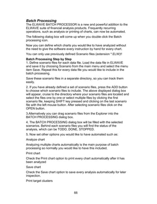 Batch Processing
The ELWAVE BATCH PROCESSOR is a new and powerful addition to the
ELWAVE suite of financial analysis products. Frequently recurring
operations, such as analysis or printing of charts, can now be automated.
The following dialog box will come up when you double click the Batch
processing icon.
Now you can define which charts you would like to have analyzed without
the need to give the software every instruction by hand for every chart.
You can only use previously defined Scenario files (extension *.ELW)!!
Batch Processing Step by Step
1. Define scenario files for each data file. Load the data file in ELWAVE
and save it by choosing Scenario from the main menu and select the menu
item Save. Repeat this for every data file you would like to include in the
batch processing.
Save these scenario files in a separate directory, so you can track them
easily.
2. If you have already defined a set of scenario files, press the ADD button
to choose which scenario files to include. The above displayed dialog box
will appear, cruise to the directory where your scenario files are located and
select the files one by one or select multiple files by clicking the first
scenario file, keeping SHIFT key pressed and clicking on the last scenario
file with the left mouse button. After selecting scenario files click on the
OPEN button.
3.Alternatively you can drag scenario files from the Explorer into the
BATCH PROCESSING dialog box.
4. The BATCH PROCESSING dialog box will be filled with the selected
scenarios. Behind each scenario files you will find the status of the
analysis, which can be TODO, DONE, STOPPED.
5. Now set other options you would like to have automated such as:
Analyze chart
Analyzing multiple charts automatically is the main purpose of batch
processing so normally you would like to have this included.
Print chart
Check the Print chart option to print every chart automatically after it has
been analyzed
Save chart
Check the Save chart option to save every analysis automatically for later
inspection.
Print target clusters


                                     66
 