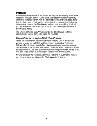 Patterns
Recognizing the patterns of the waves as they are developing is the most
important thing you can do. Many Elliott Wave technicians can correctly
analyze a completed chart with the correct patterns, but what good does
that do. You need to do it as it is happening. You can correctly determine
the where you are in the Elliott Wave pattern, as it is unfolding, it will tell
you the levels the market will rise or fall to. That’s the importance of the
Elliott Wave theory.
The unique software ELWAVE gives you the Elliott Wave patterns
automatically so you can better trade the markets.

Classic Patterns vs. Modern Elliott Wave Patterns
There are two versions of the Elliott Wave Theory. One is the classic
version brought out by Elliott and the modern version that Prognosis
Software Development found after 10 years of research and experience.
You will have to experiment which each of the markets to determine which
set of patterns to use. The ELWAVE software program makes it easy to do.
You can select which to use with just a click of the mouse button.
Now let’s look at the various Elliott Wave Patterns in a very strict manner
according to the rules followed by Elliott Wave technicians:




                                      7
 