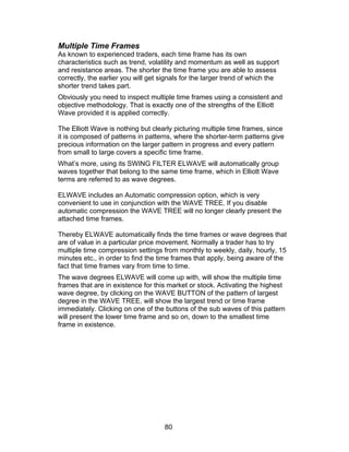 Multiple Time Frames
As known to experienced traders, each time frame has its own
characteristics such as trend, volatility and momentum as well as support
and resistance areas. The shorter the time frame you are able to assess
correctly, the earlier you will get signals for the larger trend of which the
shorter trend takes part.
Obviously you need to inspect multiple time frames using a consistent and
objective methodology. That is exactly one of the strengths of the Elliott
Wave provided it is applied correctly.

The Elliott Wave is nothing but clearly picturing multiple time frames, since
it is composed of patterns in patterns, where the shorter-term patterns give
precious information on the larger pattern in progress and every pattern
from small to large covers a specific time frame.
What’s more, using its SWING FILTER ELWAVE will automatically group
waves together that belong to the same time frame, which in Elliott Wave
terms are referred to as wave degrees.

ELWAVE includes an Automatic compression option, which is very
convenient to use in conjunction with the WAVE TREE. If you disable
automatic compression the WAVE TREE will no longer clearly present the
attached time frames.

Thereby ELWAVE automatically finds the time frames or wave degrees that
are of value in a particular price movement. Normally a trader has to try
multiple time compression settings from monthly to weekly, daily, hourly, 15
minutes etc., in order to find the time frames that apply, being aware of the
fact that time frames vary from time to time.
The wave degrees ELWAVE will come up with, will show the multiple time
frames that are in existence for this market or stock. Activating the highest
wave degree, by clicking on the WAVE BUTTON of the pattern of largest
degree in the WAVE TREE, will show the largest trend or time frame
immediately. Clicking on one of the buttons of the sub waves of this pattern
will present the lower time frame and so on, down to the smallest time
frame in existence.




                                     80
 