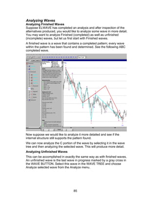 Analyzing Waves
Analyzing Finished Waves
Suppose ELWAVE has completed an analysis and after inspection of the
alternatives produced, you would like to analyze some wave in more detail.
You may want to analyze Finished (completed) as well as unfinished
(incomplete) waves, but let us first start with Finished waves.
A finished wave is a wave that contains a completed pattern; every wave
within the pattern has been found and determined. See the following ABC
completed wave.




Now suppose we would like to analyze it more detailed and see if the
internal structure still supports the pattern found.
We can now analyze the C portion of the wave by selecting it in the wave
tree and then analyzing the selected wave. This will produce more detail.
Analyzing Unfinished Waves
This can be accomplished in exactly the same way as with finished waves.
An unfinished wave is the last wave in progress marked by a gray cross in
the WAVE BUTTON. Select this wave in the WAVE TREE and choose
Analyze selected wave from the Analyze menu.




                                   85
 