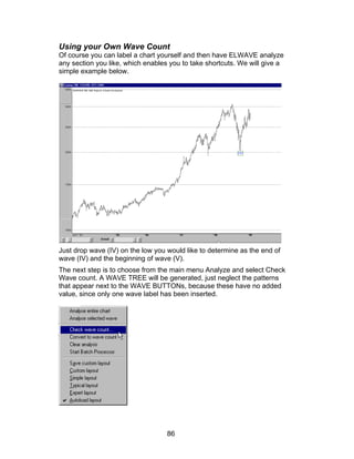 Using your Own Wave Count
Of course you can label a chart yourself and then have ELWAVE analyze
any section you like, which enables you to take shortcuts. We will give a
simple example below.




Just drop wave (IV) on the low you would like to determine as the end of
wave (IV) and the beginning of wave (V).
The next step is to choose from the main menu Analyze and select Check
Wave count. A WAVE TREE will be generated, just neglect the patterns
that appear next to the WAVE BUTTONs, because these have no added
value, since only one wave label has been inserted.




                                   86
 
