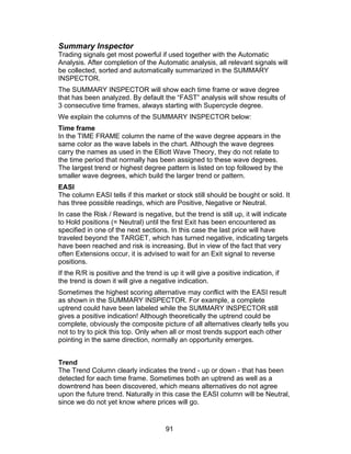 Summary Inspector
Trading signals get most powerful if used together with the Automatic
Analysis. After completion of the Automatic analysis, all relevant signals will
be collected, sorted and automatically summarized in the SUMMARY
INSPECTOR.
The SUMMARY INSPECTOR will show each time frame or wave degree
that has been analyzed. By default the “FAST” analysis will show results of
3 consecutive time frames, always starting with Supercycle degree.
We explain the columns of the SUMMARY INSPECTOR below:
Time frame
In the TIME FRAME column the name of the wave degree appears in the
same color as the wave labels in the chart. Although the wave degrees
carry the names as used in the Elliott Wave Theory, they do not relate to
the time period that normally has been assigned to these wave degrees.
The largest trend or highest degree pattern is listed on top followed by the
smaller wave degrees, which build the larger trend or pattern.
EASI
The column EASI tells if this market or stock still should be bought or sold. It
has three possible readings, which are Positive, Negative or Neutral.
In case the Risk / Reward is negative, but the trend is still up, it will indicate
to Hold positions (= Neutral) until the first Exit has been encountered as
specified in one of the next sections. In this case the last price will have
traveled beyond the TARGET, which has turned negative, indicating targets
have been reached and risk is increasing. But in view of the fact that very
often Extensions occur, it is advised to wait for an Exit signal to reverse
positions.
If the R/R is positive and the trend is up it will give a positive indication, if
the trend is down it will give a negative indication.
Sometimes the highest scoring alternative may conflict with the EASI result
as shown in the SUMMARY INSPECTOR. For example, a complete
uptrend could have been labeled while the SUMMARY INSPECTOR still
gives a positive indication! Although theoretically the uptrend could be
complete, obviously the composite picture of all alternatives clearly tells you
not to try to pick this top. Only when all or most trends support each other
pointing in the same direction, normally an opportunity emerges.


Trend
The Trend Column clearly indicates the trend - up or down - that has been
detected for each time frame. Sometimes both an uptrend as well as a
downtrend has been discovered, which means alternatives do not agree
upon the future trend. Naturally in this case the EASI column will be Neutral,
since we do not yet know where prices will go.


                                       91
 