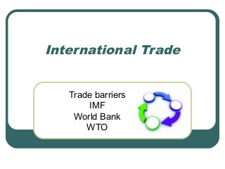 International Trade
Trade barriers
IMF
World Bank
WTO

 