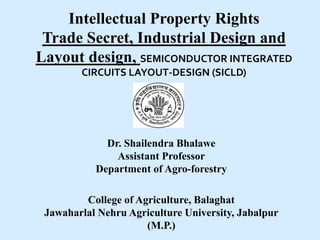 Intellectual Property Rights
Trade Secret, Industrial Design and
Layout design, SEMICONDUCTOR INTEGRATED
CIRCUITS LAYOUT-DESIGN (SICLD)
Dr. Shailendra Bhalawe
Assistant Professor
Department of Agro-forestry
College of Agriculture, Balaghat
Jawaharlal Nehru Agriculture University, Jabalpur
(M.P.)
 