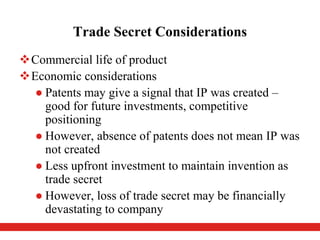 Trade Secret Considerations
Commercial life of product
Economic considerations
● Patents may give a signal that IP was created –
good for future investments, competitive
positioning
● However, absence of patents does not mean IP was
not created
● Less upfront investment to maintain invention as
trade secret
● However, loss of trade secret may be financially
devastating to company
 