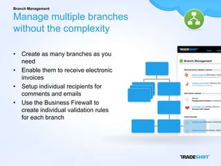 Branch Management

Manage multiple branches
without the complexity

• Create as many branches as you
  need
• Enable them to receive electronic
  invoices
• Setup individual recipients for
  comments and emails
• Use the Business Firewall to
  create individual validation rules
  for each branch
 
