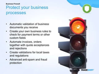 Business Firewall

Protect your business
processes

• Automatic validation of business
  documents you receive
• Create your own business rules to
  check for payment terms or other
  custom fields
• Automate invoices, orders
  together with quote acceptances
  and rejections
• Create validations for local taxes
  and regulations
• Advanced anti-spam and fraud
  protection
 