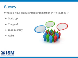Survey
Where is your procurement organization in it’s journey ?
● Start-Up
● Trapped
● Bureaucracy
● Agile
 