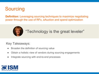 Sourcing
Definition: Leveraging sourcing techniques to maximize negotiating
power through the use of RFx, eAuction and spend optimization
“Technology is the great leveler”
Key Takeaways:
● Broaden the definition of sourcing value
● Obtain a holistic view of vendors during sourcing engagements
● Integrate sourcing with end-to-end processes
 