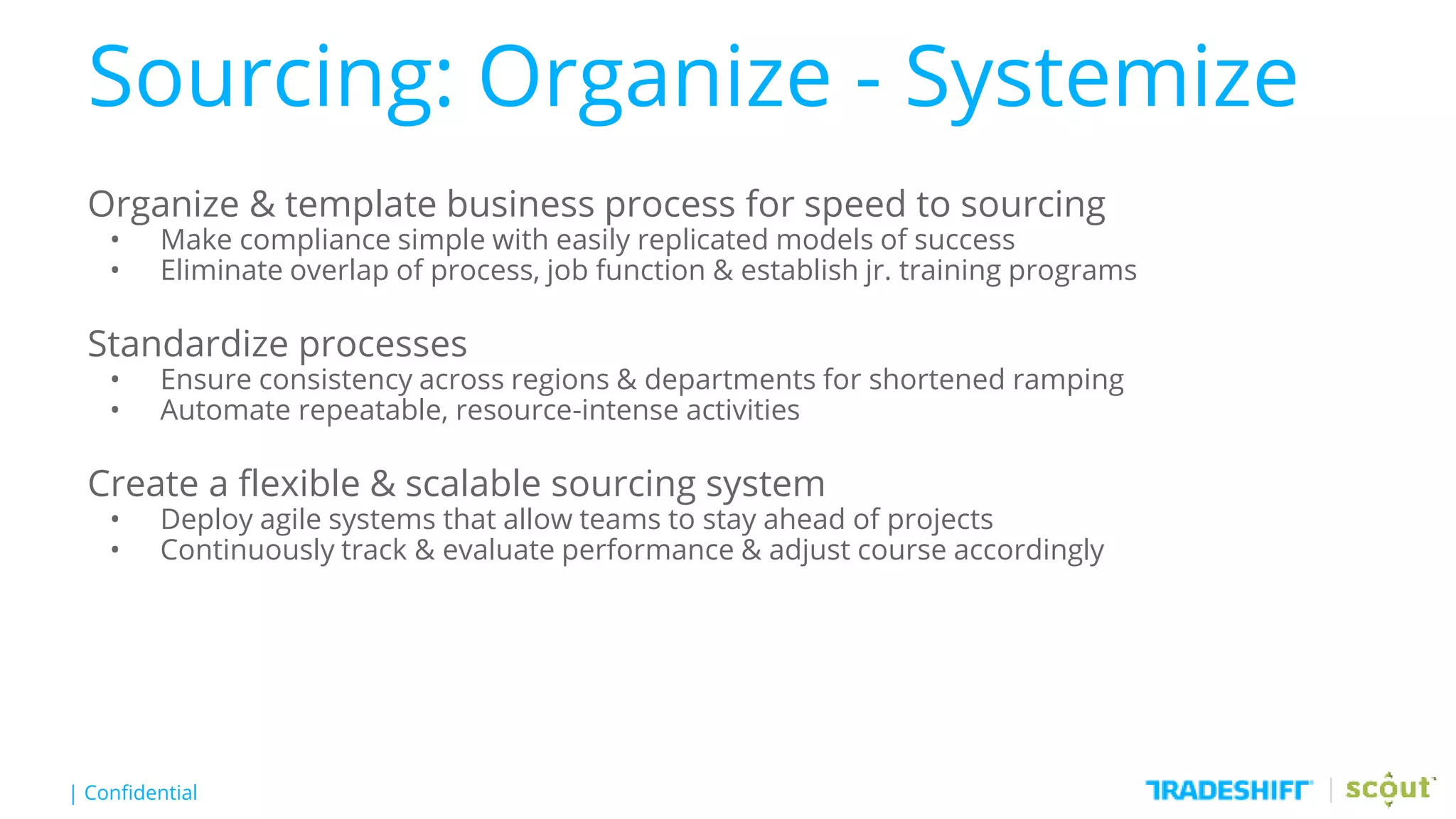 | Confidential
Sourcing: Organize - Systemize
Organize & template business process for speed to sourcing
• Make compliance simple with easily replicated models of success
• Eliminate overlap of process, job function & establish jr. training programs
Standardize processes
• Ensure consistency across regions & departments for shortened ramping
• Automate repeatable, resource-intense activities
Create a flexible & scalable sourcing system
• Deploy agile systems that allow teams to stay ahead of projects
• Continuously track & evaluate performance & adjust course accordingly
 