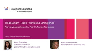Turning Data into Actionable Information
TradeSmart, Trade Promotion Intelligence
There’s No More Excuse For Poor Performing Promotions
Janet Dorenkott
440-899-3296 x225
janetd@relationalsolutions.com
Karen Kurtzweil x239
karenk@relationalsolutions.com
 