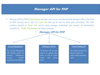About Us
• Manager API for PHP Trade Experts provides easy to use, well documented manager APIs in the form
of Web Services and C dlls, for Trade T64 that can be used by third party developers. The APIs
connects directly to Trade T64 servers using manager credentials, and exposes all functionality
available in Trade T64 manager or Admin terminal.
• Manager API for PHP
Manager API for PHP
Account Management
The Account Management
API provides options for
Deposits, Withdrawals,
Account Creation,
modification and deletion.
API Reports API for
The Reports API provides
options for getting Open
trades as well as Closed
Trades with various
filters .
Trades Trading API
The Trading API provides
options to place new
trades, modify and delete
trades.
 
