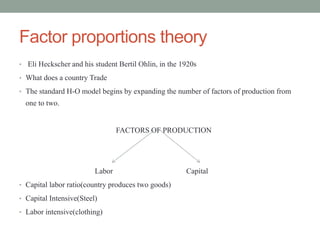 Factor proportions theory
• Eli Heckscher and his student Bertil Ohlin, in the 1920s
• What does a country Trade
• The standard H-O model begins by expanding the number of factors of production from
one to two.
FACTORS OF PRODUCTION
Labor Capital
• Capital labor ratio(country produces two goods)
• Capital Intensive(Steel)
• Labor intensive(clothing)
 
