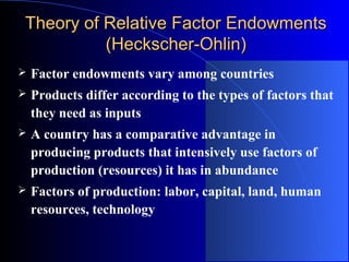 Theory of Relative Factor Endowments
(Heckscher-Ohlin)


Factor endowments vary among countries



Products differ according to the types of factors that
they need as inputs



A country has a comparative advantage in
producing products that intensively use factors of
production (resources) it has in abundance



Factors of production: labor, capital, land, human
resources, technology

 