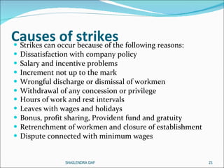 Causes of strikes Strikes can occur because of the following reasons: Dissatisfaction with company policy Salary and incentive problems Increment not up to the mark  Wrongful discharge or dismissal of workmen Withdrawal of any concession or privilege Hours of work and rest intervals   Leaves with wages and holidays Bonus, profit sharing, Provident fund and gratuity  Retrenchment of workmen and closure of establishment  Dispute connected with minimum wages  SHAILENDRA DAF 