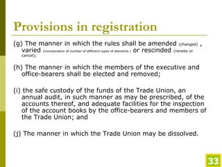 Provisions in registration (g) The manner in which the rules shall be amended  (changed)  , varied  (incorporation of number of different types of elements )  or rescinded  (revoke or cancel); (h) The manner in which the members of the executive and office-bearers shall be elected and removed; (i) the safe custody of the funds of the Trade Union, an annual audit, in such manner as may be prescribed, of the accounts thereof, and adequate facilities for the inspection of the account books by the office-bearers and members of the Trade Union; and (j) The manner in which the Trade Union may be dissolved.   
