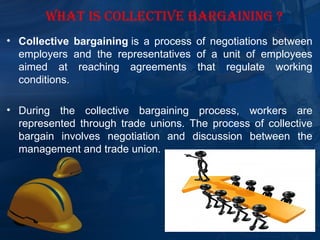 WHAT IS COLLECTIVE BARGAINING ?
• Collective bargaining is  a  process  of  negotiations  between 
  employers  and  the  representatives  of  a  unit  of  employees 
  aimed  at  reaching  agreements  that  regulate  working 
  conditions. 

• During  the  collective  bargaining  process,  workers  are 
  represented  through  trade  unions.  The  process  of  collective 
  bargain  involves  negotiation  and  discussion  between  the 
  management and trade union.
 