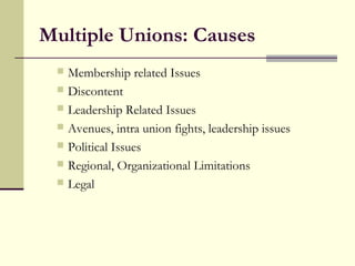 Multiple Unions: Causes
  Membership related Issues
  Discontent
  Leadership Related Issues
  Avenues, intra union fights, leadership issues
  Political Issues
  Regional, Organizational Limitations
  Legal
 