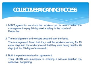 1. MSKSagreed to convince the workers but in return asked the
management to pay 20 days extra salary in the month of
December.
2. The management and workers debated over the issue.
The management found that they had the workers working for 15
extra days and the workers found that they were being paid for 20
days just for 15 days of extra work.
3. Both the parties reached an agreement.
Thus, MSKS was successful in creating a win-win situation via
collective bargaining.
C
O
L
L
E
C
T
I
V
E
B
A
R
G
A
I
N
I
N
G
P
R
O
C
E
S
S
 