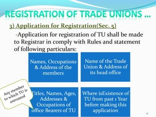 3) Application for Registration(Sec. 5)
-Application for registration of TU shall be made
to Registrar in comply with Rules and statement
of following particulars:
Any member
to which TU is
entrusted
12
 