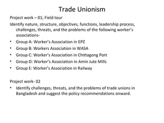 Trade Unionism
Project work – 01; Field tour
Identify nature, structure, objectives, functions, leadership process,
challenges, threats, and the problems of the following worker’s
associations-
• Group A: Worker’s Association in EPZ
• Group B: Workers Association in WASA
• Group C: Worker’s Association in Chittagong Port
• Group D: Worker’s Association in Amin Jute Mills
• Group E: Worker’s Association in Railway
Project work- 02
• Identify challenges, threats, and the problems of trade unions in
Bangladesh and suggest the policy recommendations onward.
 