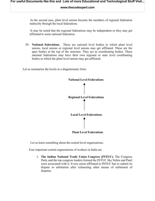 For useful Documents like this and Lots of more Educational and Technological Stuff Visit...

                                       www.thecodexpert.com



              In the second case, plant level unions become the members of regional federation
             indirectly through the local federations.

              It may be noted that the regional federations may be independent or they may get
             affiliated to some national federation.


          IV. National federations. These are national level bodies to which plant level
              unions, local unions or regional level unions may get affiliated. These are the
              apex bodies at the top of the structure. They act as coordinating bodies. These
              national federations may have their own regional or state level coordinating
              bodies to which the plant level unions may get affiliated.


        Let us summarise the levels in a diagrammatic form.


                                             National Level Federations




                                             Regional Level Federations




                                               Local Level Federations




                                                Plant Level Federations


              Let us learn something about the central level organisations.

            Four important central organisations of workers in India are

                   1. The Indian National Trade Union Congress (INTUC). The Congress
                      Party and the top congress leaders formed the INTUC like Nehru and Patel
                      were associated with it. Every union affiliated to INTUC has to submit its
                      dispute to arbitration after exhausting other means of settlement of
                      disputes.
 