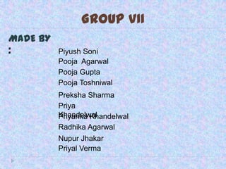 GROUP VII
MADE BY
:         Piyush Soni
          Pooja Agarwal
          Pooja Gupta
          Pooja Toshniwal
          Preksha Sharma
          Priya
          Khandelwal
          Priyanka Khandelwal
          Radhika Agarwal
          Nupur Jhakar
          Priyal Verma
 