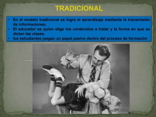 TRADICIONAL
• En el modelo tradicional se logra el aprendizaje mediante la transmisión
  de informaciones.
• El educador es quien elige los contenidos a tratar y la forma en que se
  dictan las clases.
• los estudiantes juegan un papel pasivo dentro del proceso de formación
 