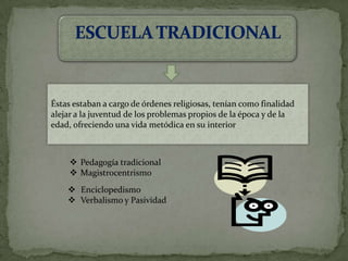 Éstas estaban a cargo de órdenes religiosas, tenían como finalidad
alejar a la juventud de los problemas propios de la época y de la
edad, ofreciendo una vida metódica en su interior



      Pedagogía tradicional
      Magistrocentrismo
     Enciclopedismo
     Verbalismo y Pasividad
 