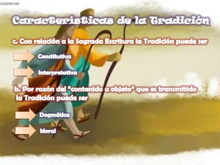 Características de la Tradiciónc. Con relación a la Sagrada Escritura la Tradición puede serConstitutivaInterpretativab. Por razón del “contenido u objeto” que es transmitido  la Tradición puede serDogmáticaMoral