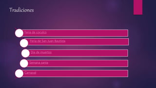 Tradiciones
Feria de coculco
Feria de San Juan Bautista
Día de muertos
Semana santa
Carnaval
 