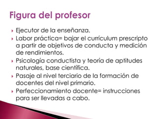    Ejecutor de la enseñanza.
   Labor práctica= bajar el currículum prescripto
    a partir de objetivos de conducta y medición
    de rendimientos.
   Psicología conductista y teoría de aptitudes
    naturales, base científica.
   Pasaje al nivel terciario de la formación de
    docentes del nivel primario.
   Perfeccionamiento docente= instrucciones
    para ser llevadas a cabo.
 