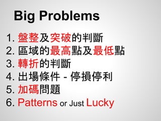 Big Problems
1. 盤整及突破的判斷
2. 區域的最高點及最低點
3. 轉折的判斷
4. 出場條件 - 停損停利
5. 加碼問題
6. Patterns or Just Lucky
 