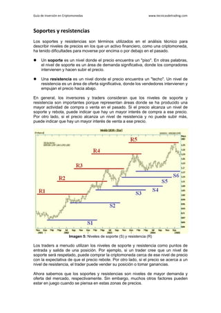 Guía de Inversión en Criptomonedas www.tecnicasdetrading.com
Soportes y resistencias
Los soportes y resistencias son términos utilizados en el análisis técnico para
describir niveles de precios en los que un activo financiero, como una criptomoneda,
ha tenido dificultades para moverse por encima o por debajo en el pasado.
 Un soporte es un nivel donde el precio encuentra un "piso". En otras palabras,
el nivel de soporte es un área de demanda significativa, donde los compradores
intervienen y hacen subir el precio.
 Una resistencia es un nivel donde el precio encuentra un "techo". Un nivel de
resistencia es un área de oferta significativa, donde los vendedores intervienen y
empujan el precio hacia abajo.
En general, los inversores y traders consideran que los niveles de soporte y
resistencia son importantes porque representan áreas donde se ha producido una
mayor actividad de compra o venta en el pasado. Si el precio alcanza un nivel de
soporte y rebota, puede indicar que hay un mayor interés de compra a ese precio.
Por otro lado, si el precio alcanza un nivel de resistencia y no puede subir más,
puede indicar que hay un mayor interés de venta a ese precio.
Imagen 5: Niveles de soporte (S) y resistencia (R)
Los traders a menudo utilizan los niveles de soporte y resistencia como puntos de
entrada y salida de una posición. Por ejemplo, si un trader cree que un nivel de
soporte será respetado, puede comprar la criptomoneda cerca de ese nivel de precio
con la expectativa de que el precio rebote. Por otro lado, si el precio se acerca a un
nivel de resistencia, el trader puede vender su posición o tomar ganancias.
Ahora sabemos que los soportes y resistencias son niveles de mayor demanda y
oferta del mercado, respectivamente. Sin embargo, muchos otros factores pueden
estar en juego cuando se piensa en estas zonas de precios.
 