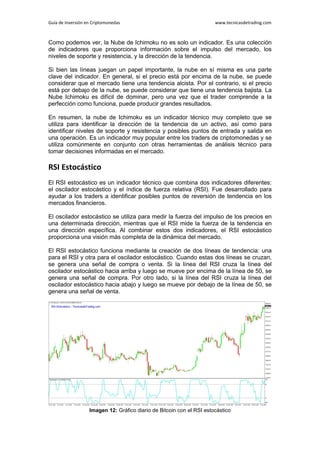 Guía de Inversión en Criptomonedas www.tecnicasdetrading.com
Como podemos ver, la Nube de Ichimoku no es solo un indicador. Es una colección
de indicadores que proporciona información sobre el impulso del mercado, los
niveles de soporte y resistencia, y la dirección de la tendencia.
Si bien las líneas juegan un papel importante, la nube en sí misma es una parte
clave del indicador. En general, si el precio está por encima de la nube, se puede
considerar que el mercado tiene una tendencia alcista. Por el contrario, si el precio
está por debajo de la nube, se puede considerar que tiene una tendencia bajista. La
Nube Ichimoku es difícil de dominar, pero una vez que el trader comprende a la
perfección como funciona, puede producir grandes resultados.
En resumen, la nube de Ichimoku es un indicador técnico muy completo que se
utiliza para identificar la dirección de la tendencia de un activo, así como para
identificar niveles de soporte y resistencia y posibles puntos de entrada y salida en
una operación. Es un indicador muy popular entre los traders de criptomonedas y se
utiliza comúnmente en conjunto con otras herramientas de análisis técnico para
tomar decisiones informadas en el mercado.
RSI Estocástico
El RSI estocástico es un indicador técnico que combina dos indicadores diferentes:
el oscilador estocástico y el índice de fuerza relativa (RSI). Fue desarrollado para
ayudar a los traders a identificar posibles puntos de reversión de tendencia en los
mercados financieros.
El oscilador estocástico se utiliza para medir la fuerza del impulso de los precios en
una determinada dirección, mientras que el RSI mide la fuerza de la tendencia en
una dirección específica. Al combinar estos dos indicadores, el RSI estocástico
proporciona una visión más completa de la dinámica del mercado.
El RSI estocástico funciona mediante la creación de dos líneas de tendencia: una
para el RSI y otra para el oscilador estocástico. Cuando estas dos líneas se cruzan,
se genera una señal de compra o venta. Si la línea del RSI cruza la línea del
oscilador estocástico hacia arriba y luego se mueve por encima de la línea de 50, se
genera una señal de compra. Por otro lado, si la línea del RSI cruza la línea del
oscilador estocástico hacia abajo y luego se mueve por debajo de la línea de 50, se
genera una señal de venta.
Imagen 12: Gráfico diario de Bitcoin con el RSI estocástico
 