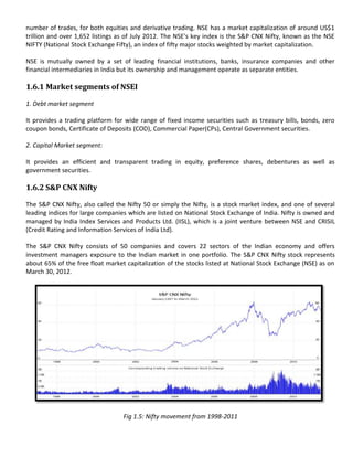 number of trades, for both equities and derivative trading. NSE has a market capitalization of around US$1
trillion and over 1,652 listings as of July 2012. The NSE's key index is the S&P CNX Nifty, known as the NSE
NIFTY (National Stock Exchange Fifty), an index of fifty major stocks weighted by market capitalization.

NSE is mutually owned by a set of leading financial institutions, banks, insurance companies and other
financial intermediaries in India but its ownership and management operate as separate entities.

1.6.1 Market segments of NSEI

1. Debt market segment

It provides a trading platform for wide range of fixed income securities such as treasury bills, bonds, zero
coupon bonds, Certificate of Deposits (COD), Commercial Paper(CPs), Central Government securities.

2. Capital Market segment:

It provides an efficient and transparent trading in equity, preference shares, debentures as well as
government securities.

1.6.2 S&P CNX Nifty

The S&P CNX Nifty, also called the Nifty 50 or simply the Nifty, is a stock market index, and one of several
leading indices for large companies which are listed on National Stock Exchange of India. Nifty is owned and
managed by India Index Services and Products Ltd. (IISL), which is a joint venture between NSE and CRISIL
(Credit Rating and Information Services of India Ltd).

The S&P CNX Nifty consists of 50 companies and covers 22 sectors of the Indian economy and offers
investment managers exposure to the Indian market in one portfolio. The S&P CNX Nifty stock represents
about 65% of the free float market capitalization of the stocks listed at National Stock Exchange (NSE) as on
March 30, 2012.




                                  Fig 1.5: Nifty movement from 1998-2011
 