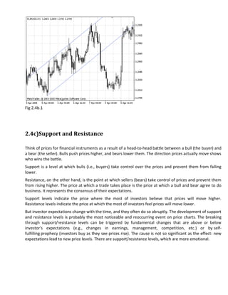 Fig 2.4b.1




2.4c)Support and Resistance

Think of prices for financial instruments as a result of a head-to-head battle between a bull (the buyer) and
a bear (the seller). Bulls push prices higher, and bears lower them. The direction prices actually move shows
who wins the battle.
Support is a level at which bulls (i.e., buyers) take control over the prices and prevent them from falling
lower.
Resistance, on the other hand, is the point at which sellers (bears) take control of prices and prevent them
from rising higher. The price at which a trade takes place is the price at which a bull and bear agree to do
business. It represents the consensus of their expectations.
Support levels indicate the price where the most of investors believe that prices will move higher.
Resistance levels indicate the price at which the most of investors feel prices will move lower.
But investor expectations change with the time, and they often do so abruptly. The development of support
and resistance levels is probably the most noticeable and reoccurring event on price charts. The breaking
through support/resistance levels can be triggered by fundamental changes that are above or below
investor's expectations (e.g., changes in earnings, management, competition, etc.) or by self-
fulfilling prophecy (investors buy as they see prices rise). The cause is not so significant as the effect: new
expectations lead to new price levels. There are support/resistance levels, which are more emotional.
 