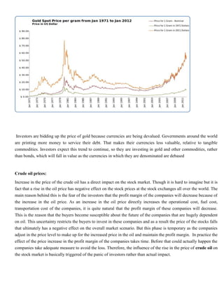 Investors are bidding up the price of gold because currencies are being devalued. Governments around the world
      are printing more money to service their debt. That makes their currencies less valuable, relative to tangible
      commodities. Investors expect this trend to continue, so they are investing in gold and other commodities, rather
      than bonds, which will fall in value as the currencies in which they are denominated are debased



VI)   Crude oil prices:
      Increase in the price of the crude oil has a direct impact on the stock market. Though it is hard to imagine but it is
      fact that a rise in the oil price has negative effect on the stock prices at the stock exchanges all over the world. The
      main reason behind this is the fear of the investors that the profit margin of the companies will decrease because of
      the increase in the oil price. As an increase in the oil price directly increases the operational cost, fuel cost,
      transportation cost of the companies, it is quite natural that the profit margin of these companies will decrease.
      This is the reason that the buyers become susceptible about the future of the companies that are hugely dependent
      on oil. This uncertainty restricts the buyers to invest in these companies and as a result the price of the stocks falls
      that ultimately has a negative effect on the overall market scenario. But this phase is temporary as the companies
      adjust in the price level to make up for the increased price in the oil and maintain the profit margin. In practice the
      effect of the price increase in the profit margin of the companies takes time. Before that could actually happen the
      companies take adequate measure to avoid the loss. Therefore, the influence of the rise in the price of crude oil on
      the stock market is basically triggered of the panic of investors rather than actual impact.
 