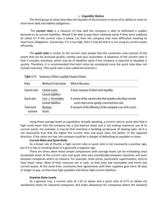 Liquidity Ratios
       The third group of ratios describes the liquidity of the business in terms of its ability to meet its
short-term debt and liability obligations.

         The current ratio is a measure of how well the company is able to withstand a sudden
demand on its current liabilities. Would it be able to pay them relatively easily if they were suddenly
all called in? If the current ratio is below 1.0, then the company may have difficulties meeting its
short-term obligations. Conversely, if it is too high, then it may be that it is not using its current assets
efficiently.

        The quick ratio is similar to the current ratio except that the numerator only consists of the
assets that can be accessed quickly, namely cash plus receivables. A weakness of the current ratio is
that it includes inventory, which may be of doubtful value if the company is required to liquidate it
quickly. Therefore, it is recommended that both ratios be considered since the quick ratio does not
include inventory. (The quick ratio is also called the acid test.)




         Using these average levels as a guideline, broadly speaking, a current ratio or quick ratio that is
high could mean that the company has a lazy balance sheet and is not making maximum use of its
current assets. For example, it may be that inventory is building up because of slowing sales. So it is
not necessarily true that the higher the current ratio and quick ratio, the better. In the opposite
direction, if the ratios are low, the company could be in danger of defaulting on payables or loans.
         Current Ratio and Quick Ratio
         As a broad rule of thumb, a high current ratio or quick ratio is not necessarily a positive sign,
but if it is low or trending down it is generally a negative sign.
         There are times when these simple comparisons with average levels can be misleading since
acceptable levels of the current ratio and quick ratio vary considerably between industries and even
between companies within an industry. For example, retail stores, particularly supermarkets, tend to
have lower ratios. Most of their revenues are in cash, so they have low receivables and hence low
current assets. At the same time, commonly their agreements with their suppliers give them 30 days
or longer to pay, so they have high payables and hence high current liabilities.

        Examine Ratio Levels
        As a general rule, a current ratio of 1.25 or above and a quick ratio of 0.75 or above are
satisfactory levels for industrial companies. But make allowances for companies where the standard
 