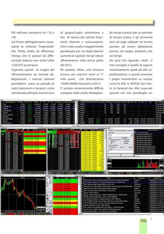 VIX nell’area compresa tra i 35 e        di giugno/luglio assisteremo a         do tempi e prezzi per un periodo
i 40.                                    fasi di ripresa del settore finan-     di tempo esteso, e gli strumenti
Sul fronte obbligazionario, nono-        ziario (banche e assicurazioni),       sino ad oggi utilizzati mi hanno
stante la richiesta “importante”         che e’ stato quello maggiormente       portato ad essere abbastanza
che l’Italia andrà ad affrontare,        penalizzato per via degli ulteriori    preciso nei target, piuttosto che
ritengo che lo spread col diffe-         aumenti di capitale che gli istituti   nei tempi.
renziale tedesco non andra’ oltre        affronteranno nella prima parte        Per quel che riguarda i titoli , il
i 550/575 punti base.                    del 2012.                              mio consiglio e’ quello di seguire
Superato, quindi , lo scoglio del        Mi aspetto, infine, una chiusura       esclusivamente quelli ad alta ca-
rifinanziamento sui mercati ob-          d’anno con massimi vicini ai 17        pitalizzazione, e quindi orientare
bligazionari, i mercati azionari         mila punti, che diventeranno           i propri investimenti su societa’
potrebbero avere un periodo di           19500/20000 mila entro il 2013.        come le ENI, le INTESA San Pao-
rialzi importanti e duratori, come       E’ sempre estremamente difficile       lo, le Generali Ass. Altri osservati
sottolineato all’inizio. Gia’ nei mesi   compiere delle analisi dettaglian-     speciali nel mio portafoglio sa-




                                                                                                          TRADING    7
                                                                                                         LIVE SHOW
 