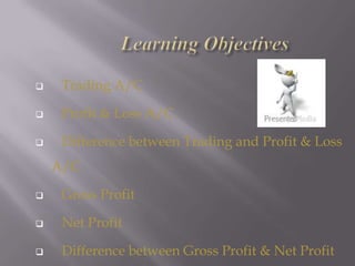 

Trading A/C



Profit & Loss A/C



Difference between Trading and Profit & Loss
A/C



Gross Profit



Net Profit



Difference between Gross Profit & Net Profit

 