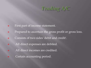 

First part of income statement.



Prepared to ascertain the gross profit or gross loss.



Consists of two sides 'debit and credit'.



All direct expenses are debited.



All direct incomes are credited.



Certain accounting period.

 